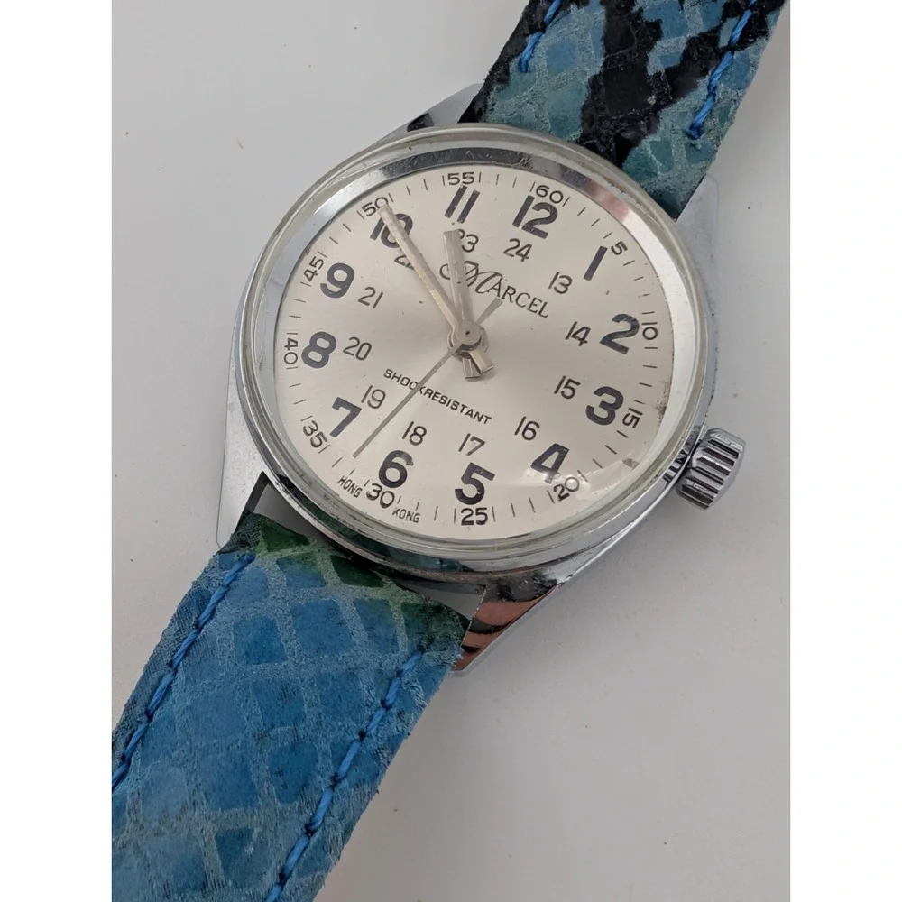 Marcel Women's Mechanical Watch 30mm Silver Case Blue Leather Band- Working